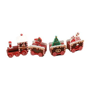 Close-up of wooden Christmas train decor with Santa, snowman and festive figurines
