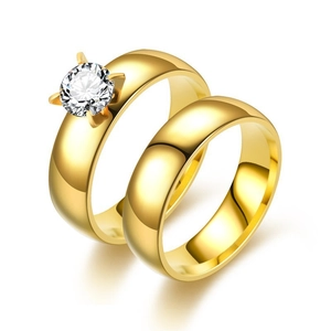 18K gold plated stainless steel couple rings set with a round solitaire cubic zirconia stone