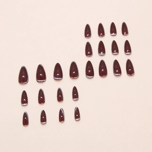 Glossy burgundy stiletto press on nails with silver glitter tips, 24 pieces set