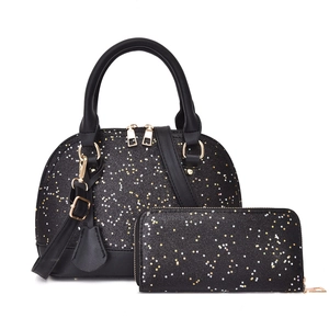 Black glitter shell handbag and matching wallet set with gold and silver stars pattern