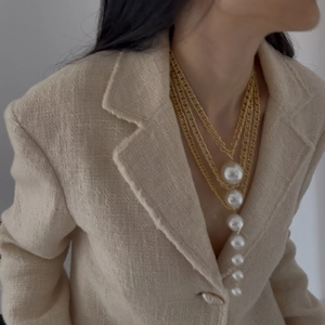 Close-up of a layered gold necklace featuring five graduated white pearls on a model