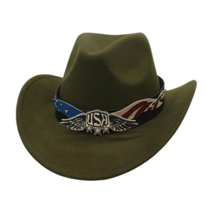 Close-up of olive green western cowboy hat featuring USA flag and winged metal logo