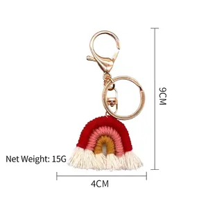 Detailed dimensions of handmade woven rainbow keychain with white tassels and gold clasp
