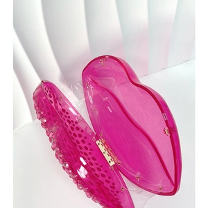 Detail of fuchsia crystal-encrusted lip evening bag with polished hinge and open interior