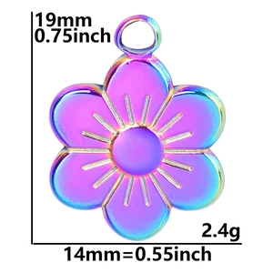 Detailed view of rainbow gradient flower pendant with dimensions 19mm by 14mm