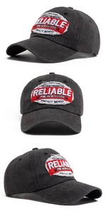 Three-way view of charcoal washed cotton baseball cap with vintage embroidery details