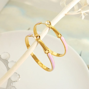 Retro gold hoop earrings with pink enamel inlay for women, elegant circular design