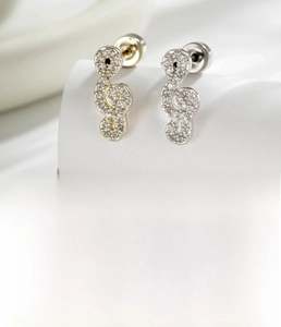Detailed macro of treble clef earrings with screw back design in titanium steel and zircon