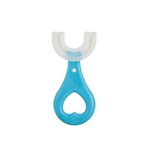 Blue U-shaped silicone manual toothbrush for toddlers with a soft-bristle cleaning head