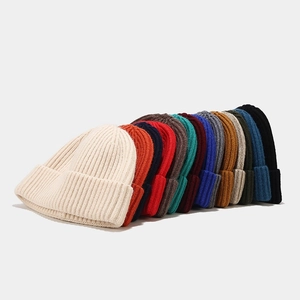 Minimalist knit beanie hats for men and women in various colors with ribbed texture