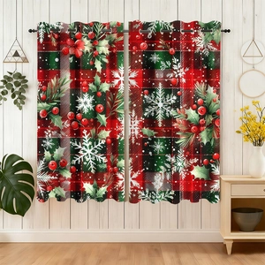 Detail view of red and green plaid Christmas curtains with holly berry patterns and metal rings