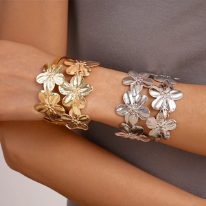 Hollow Flower Open Cuff Bangle Metal Textured Adjustable Personalized Exaggerated Statement Bracelet For Women