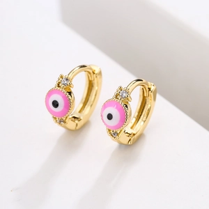 18K gold plated evil eye huggie earrings with pink enamel and sparkling zircon accents