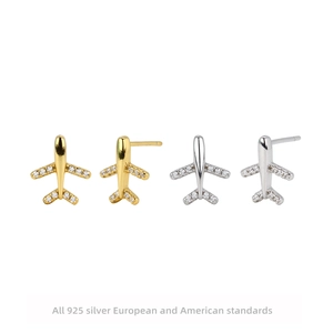 Airplane Stud Earrings With 925 Sterling Silver Earring Post Micro Pave Cubic Zirconia Dainty Travel Jewelry Women