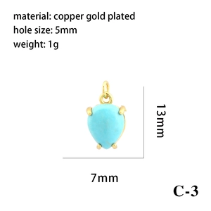 Detail of 18K gold-plated copper pear pendant with turquoise gemstone and size dimensions