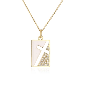 18K gold plated copper square pendant necklace with white enamel and zircon cross