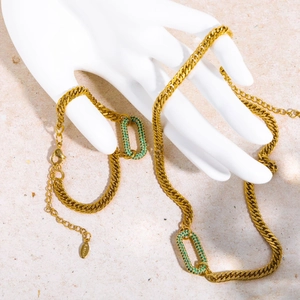 French vintage Cuban chain set with green rectangle stones in gold stainless steel