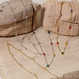 Elegant water drop zircon pendant necklaces in gold and silver with various colorful stones