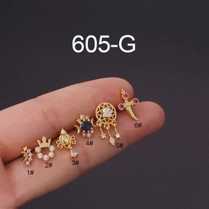 Set of 6 bohemian gold plated stainless steel stud earrings featuring moon and star designs