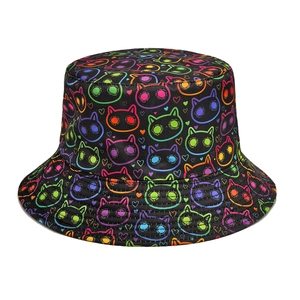 Bucket Hat Polyester Neon Colorful Cartoon Cat Print Sun Protection Outdoor Travel Graffiti Style Unisex Hat