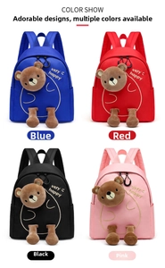 Toddler backpack color options in blue, red, black, and pink with plush bear details