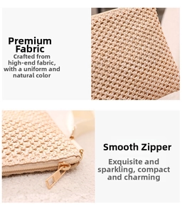 Detailed macro view of woven beige straw fabric and smooth golden metal zipper closure