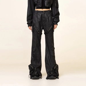 Women High Waist Cargo Pants Multi Pocket Waxed Coated Cotton Fabric Wide Leg Streetwear Cyberpunk Industrial Style