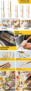 Detail info showing 5-piece silicone spatula set with wooden handles and food grade material