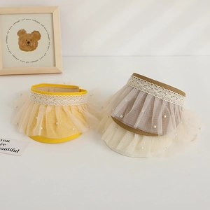 Detail of kids straw sun visor with lace lace trim and pearl accents in three colors