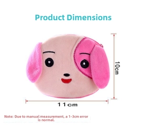 Detail view of a cute plush dog coin purse with size dimensions and soft embroidery details