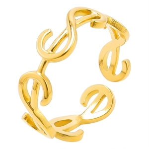 Minimalist gold-plated open ring with unique geometric link design on white background