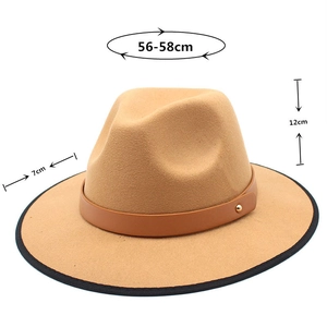 Detail of camel fedora hat showing dimensions 56-58cm, leather band and black bound edge