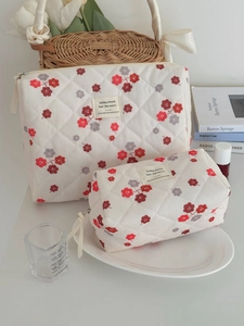 Kosmetiktaschen-Set aus Cord mit Blumenmuster, großes und kleines Täschchen in Beige