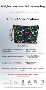 Detail showing high-capacity dog bone pattern linen cosmetic bag with 17x25cm dimensions