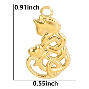 Detail view of a 18k gold plated cat pendant with dimensions 0.91 x 0.55 inches