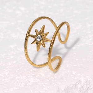 Minimalist double layer 18k gold plated stainless steel open ring with north star zircon
