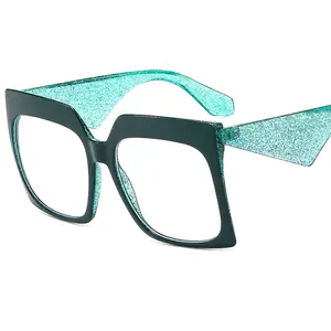 Green oversized square butterfly glasses with glitter temples and fashionable decorative frame