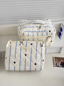 Quilted blue starry sky cosmetic bag set with bow patterns and zipper closure