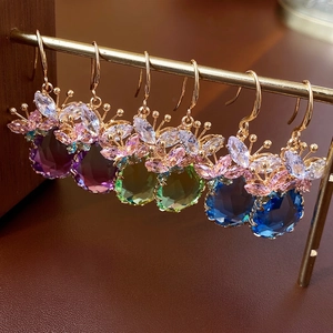 Elegant zircon butterfly teardrop earrings in purple, green, and blue crystal colors