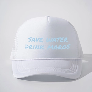 White foam trucker hat with SAVE WATER DRINK MARGS slogan and breathable blue mesh back