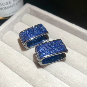 Elegant U-shaped silver hoop earrings with double-layer blue zircon micro-pave setting