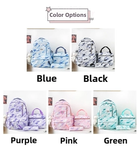 Detailed 3-piece camo backpack set showing school bag, lunch bag and pencil case in five colors