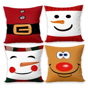 Lot de 4 housses de coussin de Noël avec motifs Père Noël, bonhomme de neige et renne