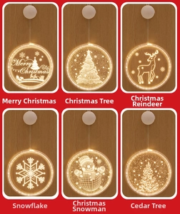 Detail showing 6 Christmas LED suction cup lights with reindeer, tree and snowflake patterns