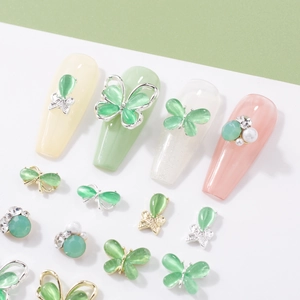 3D cat eye opal butterfly nail art charms with silver alloy and pearl rhinestone accents