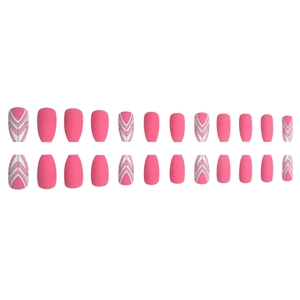 Short ballet press-on nails with pink geometric leaf patterns and matte finish set of 24