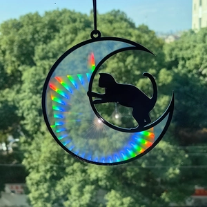 Detailed close-up of rainbow prism effect from a moon cat suncatcher hanging in window