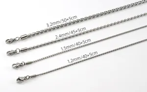 Detailed view of titanium steel chain widths from 1.2mm to 3.2mm with extension links