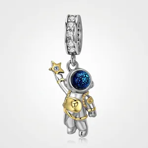 Astronaut Spaceman Charm 925 Sterling Silver Cubic Zirconia Gold Plated Blue Enamel Star Pendant DIY Jewelry Making
