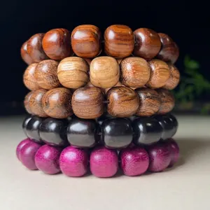 Natural Wood Bead Bracelet Sandalwood Ebony Dalbergia Barrel Shaped Beads Buddhist Prayer Beads Ethnic Zen Jewelry Men Women
